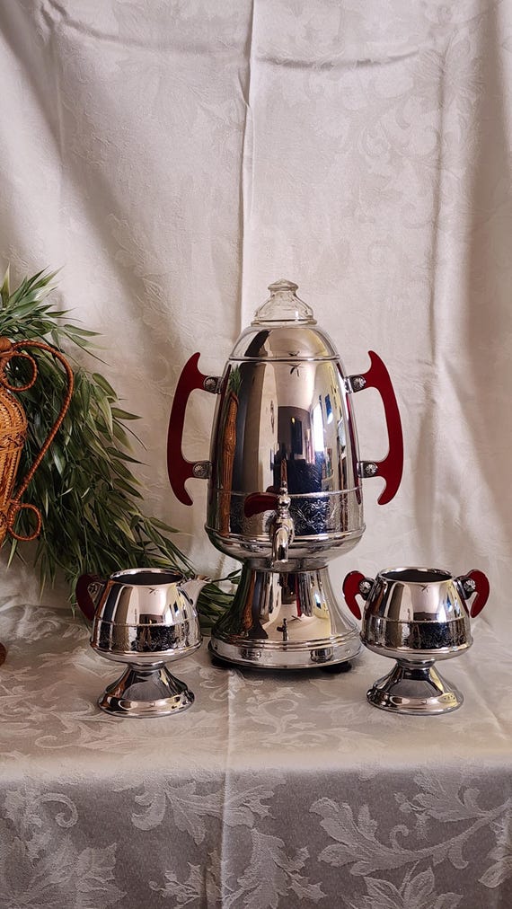 Art Deco Coffee Percolator Vintage with Sugar and Creamer Set Chrome 1930s