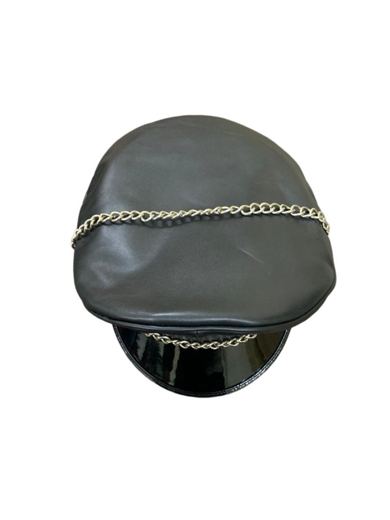 London Knighthood Genuine Leather Black Peaked Cap – Army Biker Police Style With Strap Chain