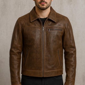 Op de afbeelding: Bruine leren jas met een kraag en een ritssluiting aan de voorkant. De jas heeft twee zijzakken en een borstzak met ritssluiting. Het model draagt een zwarte jeans.