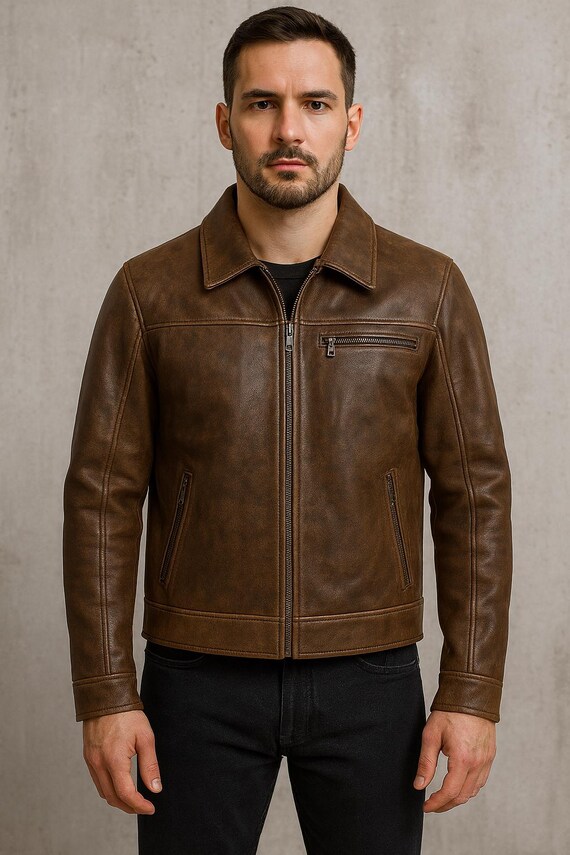 Handmade Men’s Leather Jacket, Vintage Brown or Black Moto Coat, Full Grain Cowhide, Quilted Lining, Custom Sizes XS-6XL, Heritage Style