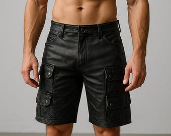 Pantalones cortos cargo vintage de cuero negro para hombre, pantalones cortos de fiesta estilo motero