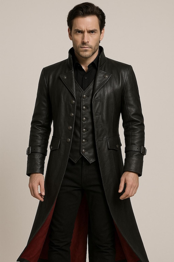 Men’s Long Black Leather Trench Coat , Gothic Steampunk Vampire Jacket , Victorian Duster with Red Lining | Halloween Cosplay, leather coat