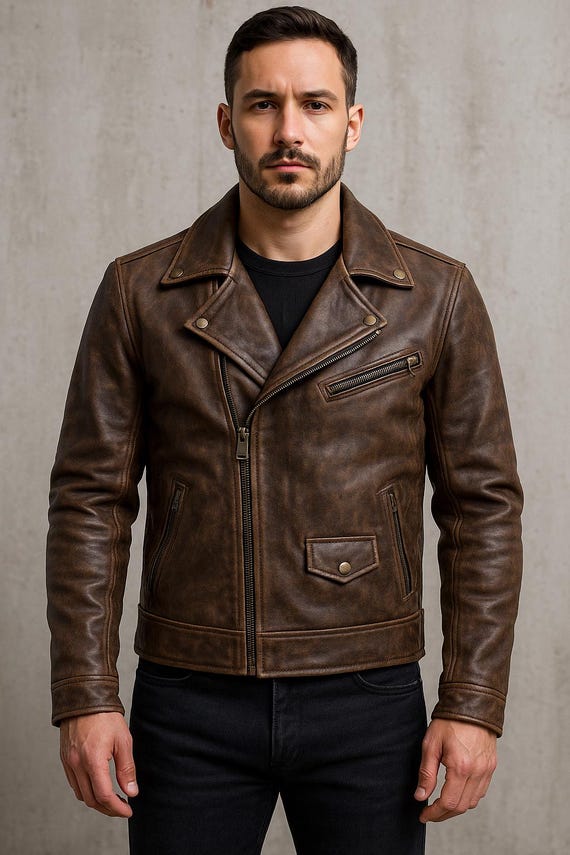 Handmade Men’s Leather Jacket, Vintage Biker Moto Coat, Distressed Brown or Black Full Grain Leather, Stylish Winter Outerwear, Custom Sizes