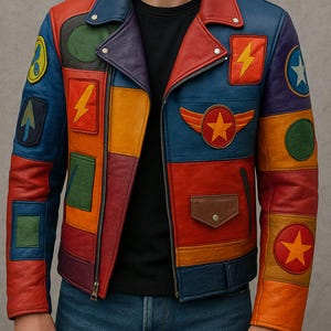 Könnte beinhalten: Bunte Lederjacke mit Patchwork-Design. Die Jacke hat eine Vielzahl von Farben, darunter Rot, Blau, Orange und Lila. Sie hat mehrere Aufnäher mit Symbolen wie Sternen und Blitzen. Die Jacke hat einen Reißverschluss und eine braune Tasche.