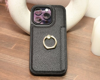 Leather Phone Case for iPhone 15 14 13 12 Pro Max Plus | Durable Wallet Phone Case with Cardholder | Litchi Phone Case with Ring
