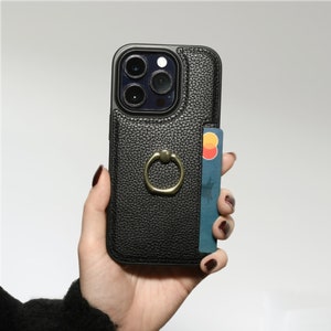 Custodia in pelle per iPhone 15 14 13 12 Pro Max Plus / Custodia a portafoglio resistente con porta carte / Custodia a litchi con anello