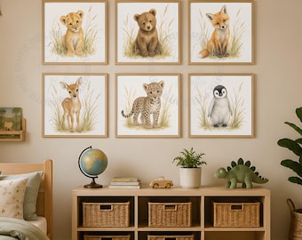 Baby animal nursery print set of 6 | Watercolor wildlife wall art, Neutral kids bedroom decor, Safari forest theme, Digital download