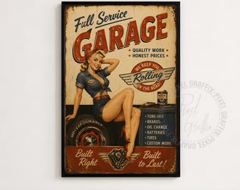 Vintage garage pin-up poster | Retro auto repair wall art, Classic mechanic shop decor, Rustic workshop sign, Man cave, Digital download
