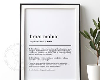 Funny braai mobile definition print DIGITAL DOWNLOAD South African dictionary wall art South African humor decor funny definition poster