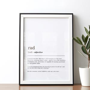 Funny 80s rad definition poster DIGITAL DOWNLOAD 80s wall art dictionary print wall decor humorous wall art minimalist poster printable