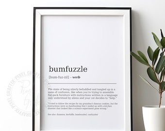 Bumfuzzle ordboksdefinition affisch | Rolig ordbetydelse väggkonsttryck, Humoristisk engelsk ordförrådsdekor, Kontorsgåva, Digital nedladdning