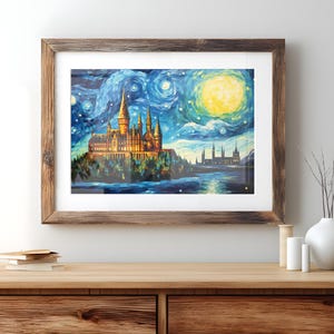Impresión de arte de pared de castillo mágico, póster de estilo noche estrellada de fantasía, DESCARGA DIGITAL, decoración de pared imprimible para habitación de niños, impresión de mago, amante del arte