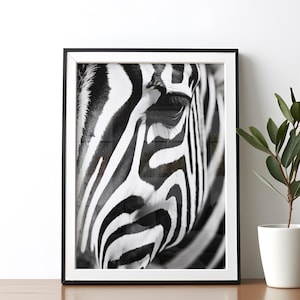 Close up zebra wall art print animal wall decor zebra print safari animals wall art decor black and white art printable digital download