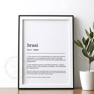 Póster con la definición del diccionario Braai, impresión artística de pared con el significado de la jerga sudafricana, decoración minimalista con expresiones locales divertidas, descarga digital