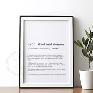 Póster con la definición de Skop skiet y donner / Arte mural con jerga sudafricana, decoración con frases del diccionario afrikáans, descarga digital