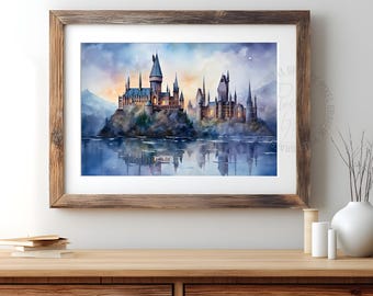 Wizard school castle watercolor poster | Magical fantasy academy wall art print, Enchanted architecture decor, Digital download