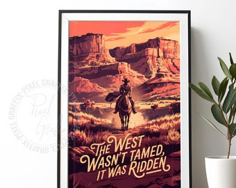 Western cowboy desert poster | Horse rider wall art print, Wild West landscape decor, Southwestern Frontier style, Digital download