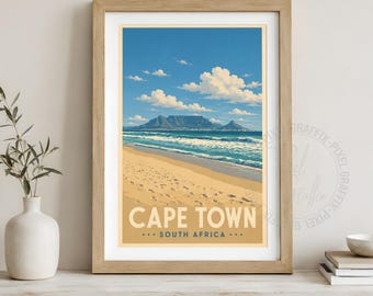 Cape Town travel poster | Vintage South Africa wall art print, Table Mountain beach landscape decor, Coastal city digital download