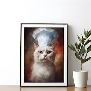 Cute cat in a chef&#39;s hat kitchen wall decor cat wall art cat mom gift cat lover home decor cat print kitchen wall art digital download