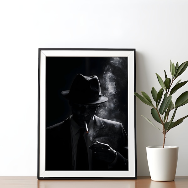 Film noir art style man smoking cigarette film noir poster photography poster print film noir home decor large wall art digital download