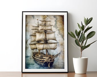 bateau vintage naviguant à travers la carte du monde art mural art mural nautique carte du monde affiche décoration art salon vintage téléchargement numérique