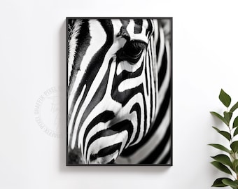 Quadro da parete con primo piano di zebra / Stampa fotografica in bianco e nero di animali selvatici, decorazione moderna con animali, opera d'arte minimalista, download digitale