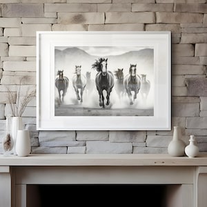 Fotografia di cavalli mustang selvaggi, stampa di fotografie di cavalli, fotografia in bianco e nero, decorazione murale, arte murale di animali, stampabile, download digitale immagine 5