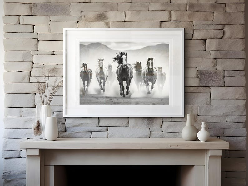 Fotografia di cavalli mustang selvaggi, stampa di fotografie di cavalli, fotografia in bianco e nero, decorazione murale, arte murale di animali, stampabile, download digitale immagine 5