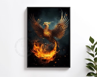 Phoenix wall art poster | Fire bird fantasy print, mythical decor, dark dramatic artwork, gaming room or home decor, Digital download