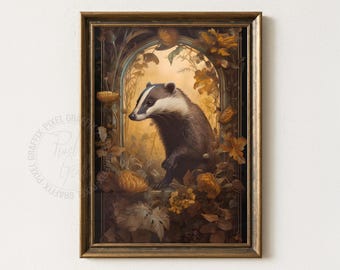 Puffle Huffer badger poster | Yellow floral fantasy wall art print, Wizard school inspired animal decor, Digital download