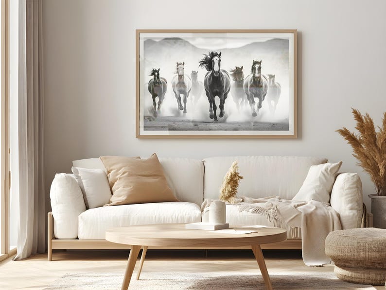Fotografia di cavalli mustang selvaggi, stampa di fotografie di cavalli, fotografia in bianco e nero, decorazione murale, arte murale di animali, stampabile, download digitale immagine 7
