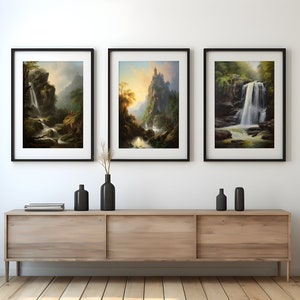 Set of 3 waterfall prints nature wall art nature painting landscape wall art nature landscape print tryptic wall art digital download