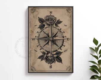 affiche vintage rose des vents | Impression d'art murale de navigation antique, décor de carte nautique, illustration de gravure florale, téléchargement numérique