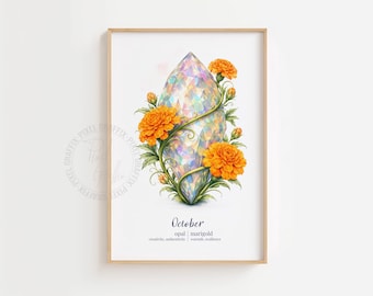 October birthstone and birth flower poster | Opal crystal and marigold botanical wall art print, Birthday gift, Digital download