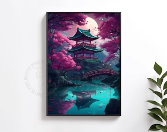 Japanese pagoda wall art poster | Cherry blossom landscape print, Asian decor, peaceful aesthetic artwork, Zen home, Digital download