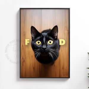 面白いキャットフードのタイポグラフィポスター | かわいい黒猫のミームウォールアートプリント、遊び心のあるペットキッチンの装飾、デジタルダウンロード