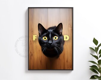 Funny cat food typography poster | Cute black cat meme wall art print, Playful pet kitchen decor, Digital download
