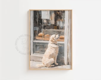 Golden Retriever bakery poster | Cozy farmhouse decor wall art print, Charming dog illustration kitchen scene, Digital download