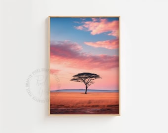 African sunset landscape poster | Travel Savanna scenery wall art print, Safari nature decor, Digital download