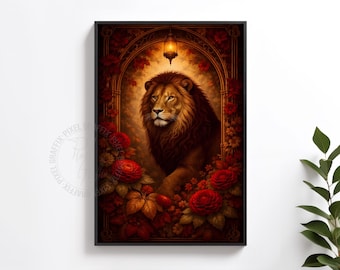 Majestic lion wall art | Wizard school inspired animal decor, gothic floral poster, magical fantasy artwork, digital download