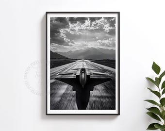 Jet fighter poster | Black white aviation wall art, Military aircraft decor, Pilot gift, Runway landscape print, Digital download