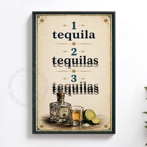 以下が含まれることがあります： クリーム色の背景に「1 tequila, 2 tequilas, 3 tequilas」という文字が縦に並んだ額入りアートプリント。文字の下には、四角いガラス製のテキーラのボトル、琥珀色の液体が入ったショットグラス、ライムのくし切りが描かれています。