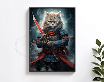 Samurai cat fantasy poster | Warrior feline wall art print, Japanese style illustration, Mythical animal decor, Digital download