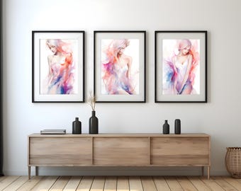 Set of 3 colorful women portraits wall art DIGITAL DOWNLOAD feminine posters portrait print elegant home decor pastel print woman photograph