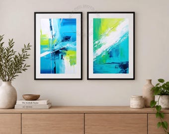 Abstract blue green wall art set of 2 | Modern abstract prints, Contemporary ocean inspired decor, Colorful artwork, Digital download