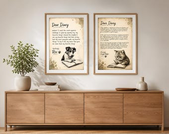 Funny cat and dog diary poster set | Pet lover wall art prints, Cat mom gift, Dog owner decor, Whimsical animal humor, Digital download