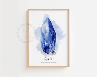 September Sapphire birthstone watercolor poster | Blue gem wall art print, Crystal decor, Zodiac birthday gift, Digital download