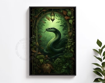 Green snake wall art poster | Wizard school inspired animal decor, dark fantasy serpent print, gothic botanical artwork, Digital download