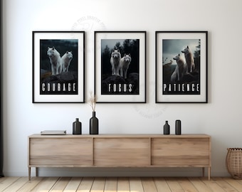 Set of 3 motivational wolf posters | Minimalist wildlife wall art print, inspirational animal decor, modern quote design, Digital download