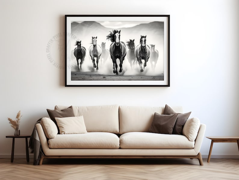 Black and white digital poster of wild horses running through the desert, showcasing motion, freedom, and natural beauty. Printable wall art available as an instant digital download.